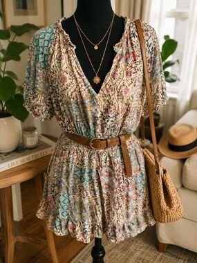 Zara Cream Floral Mini Dress with Blue & Pink Accents
